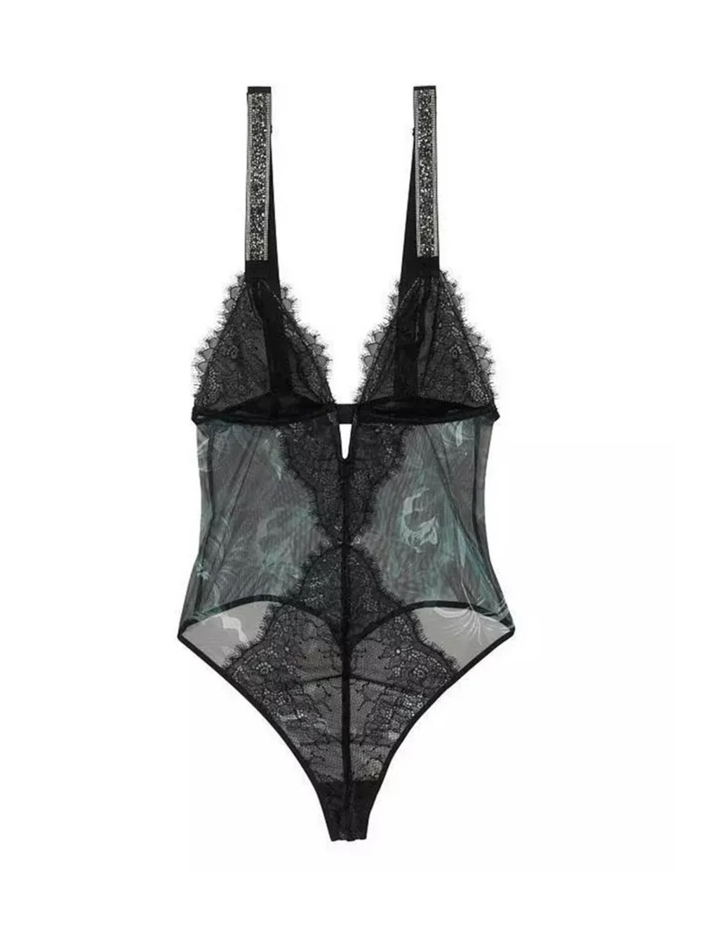 Victoria's Secret Black Lace teddy Bodysuit shine rhinestone straps